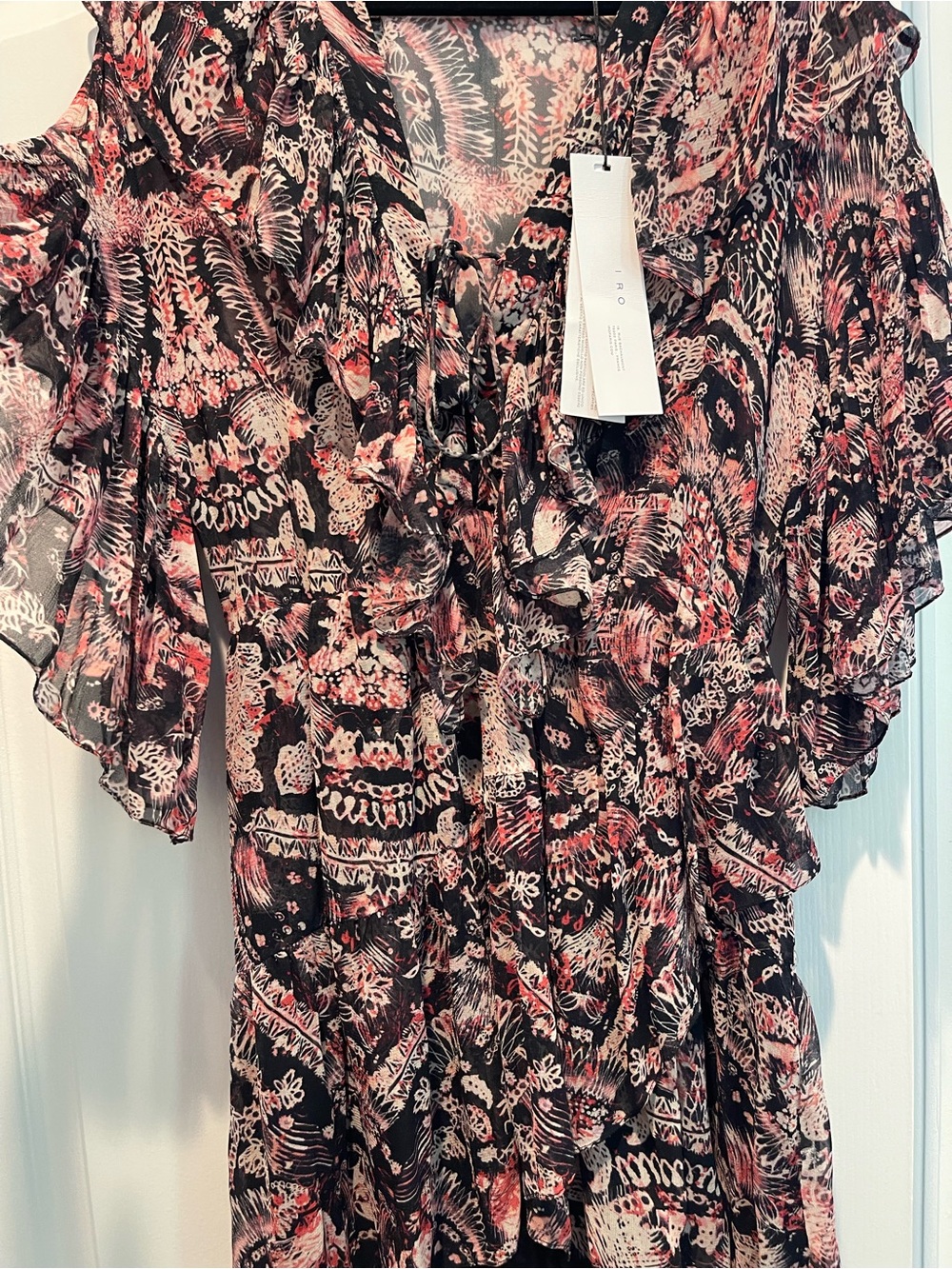 IRO Black & Pink Printed Ruffled Tie-Front Mini Dress